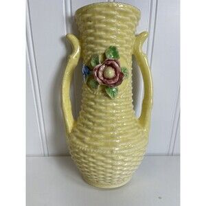 Vintage Japanese Basketweave Yellow‎ Wall Pocket with Pink/Blue Flowers.